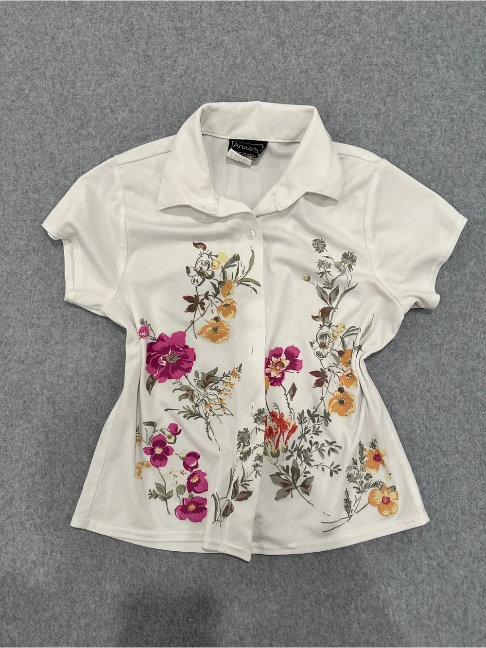 Anxiety White Button-Down Polo Shirt with Pink and Yellow Floral Print - Picture 1 of 8